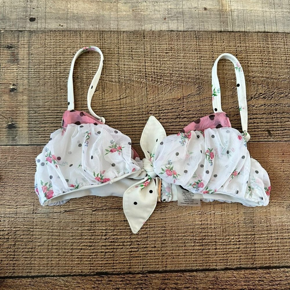 For Love and Lemons Naomi Pink White Floral Swim Suit with Tie Front Bikini Top